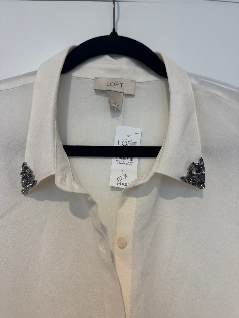 LOFT Cream Sleeveless Button-Down Top with Beaded Collar Accents